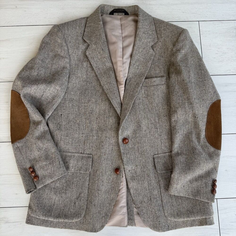 VTG Tweed Blazer Mens 40S Brown Wool Donegal Fleck Leather Elbow Sport Coat